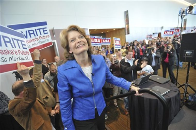 U.S. Senator Lisa Murkowski, R- Alaska climbs to the stage in preparation to announce her write-in campaign Friday in Anchorage, Alaska.